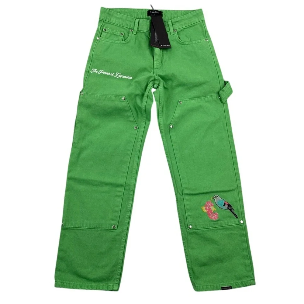 Mechali Jeans Womens Small Green Double Knee Carpenter Embroidered Streetwear - Picture 1 of 14